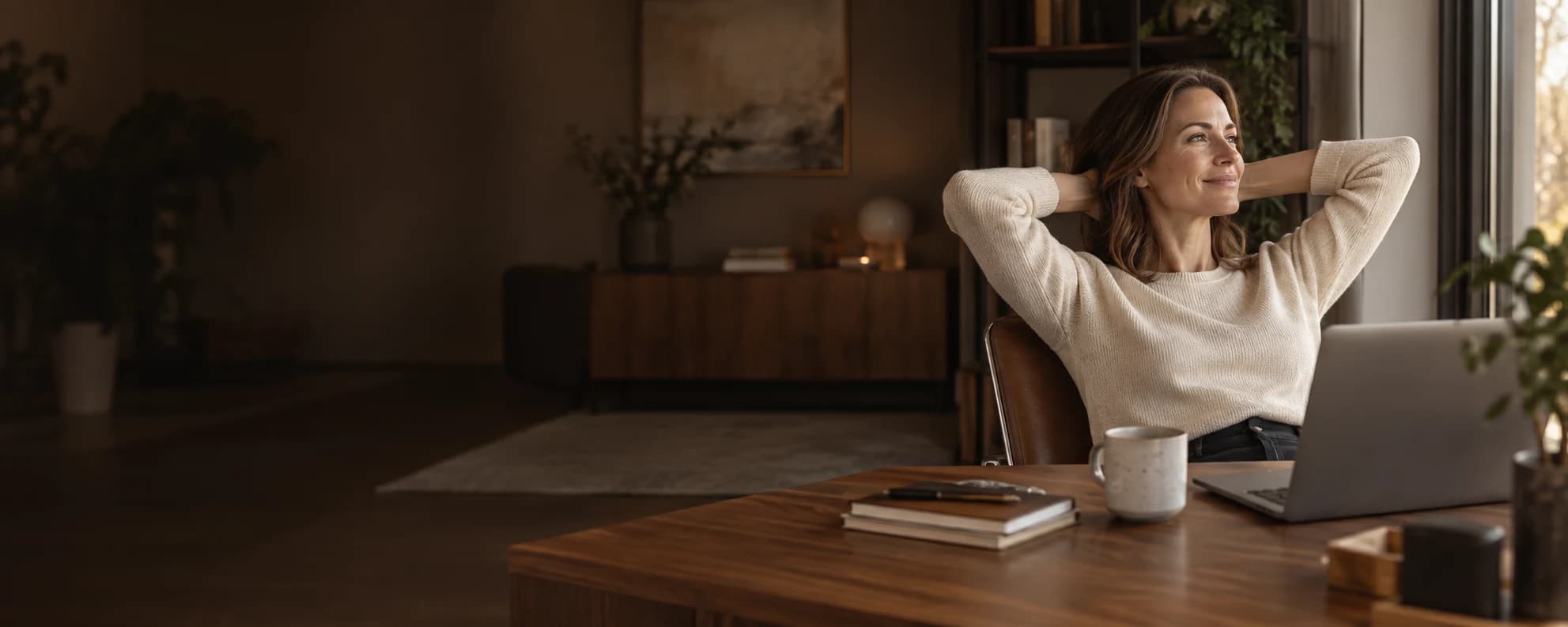 An HR professional taking a relaxed break at her desk in a sunlit office