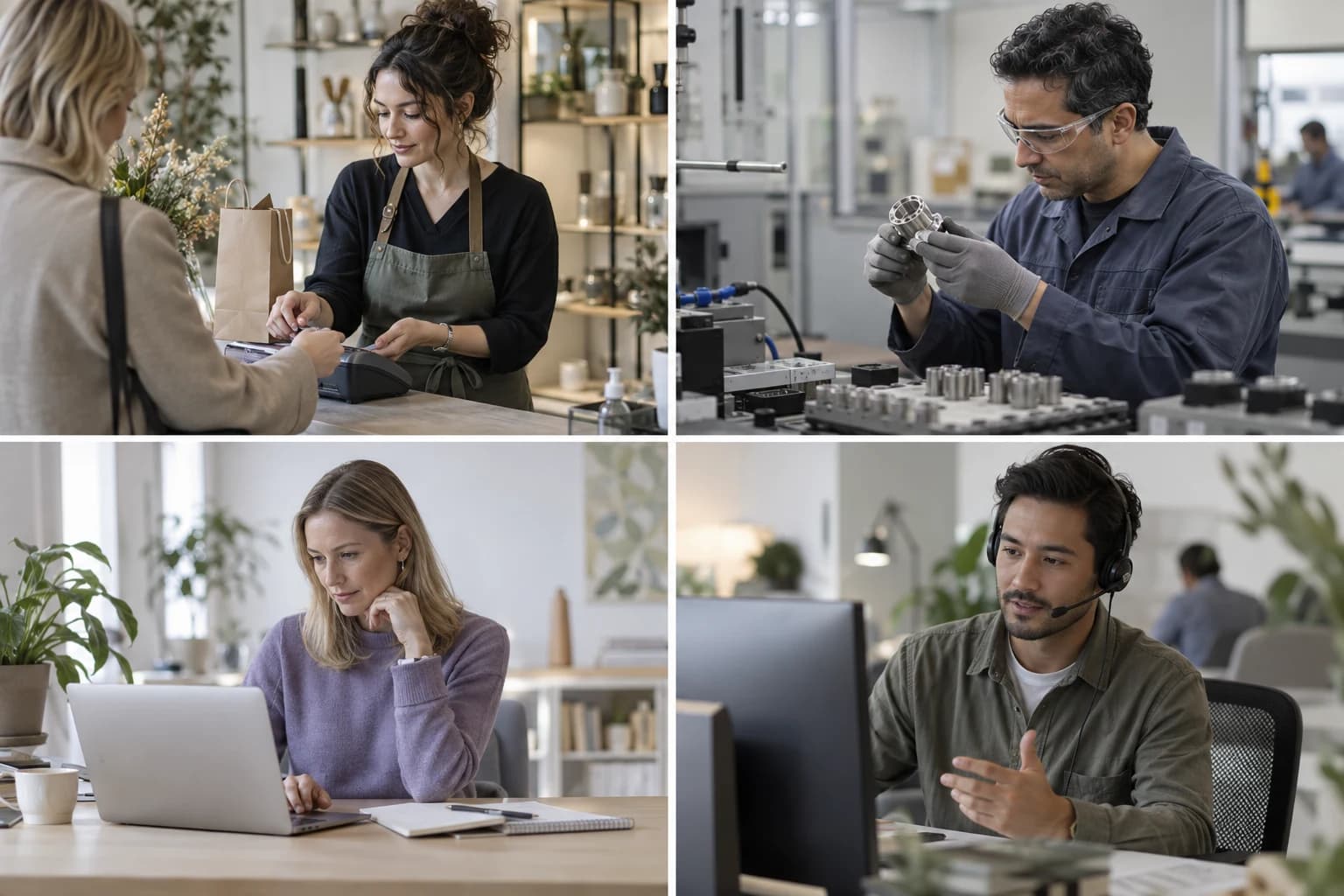 People working in retail, production, an office, and customer service