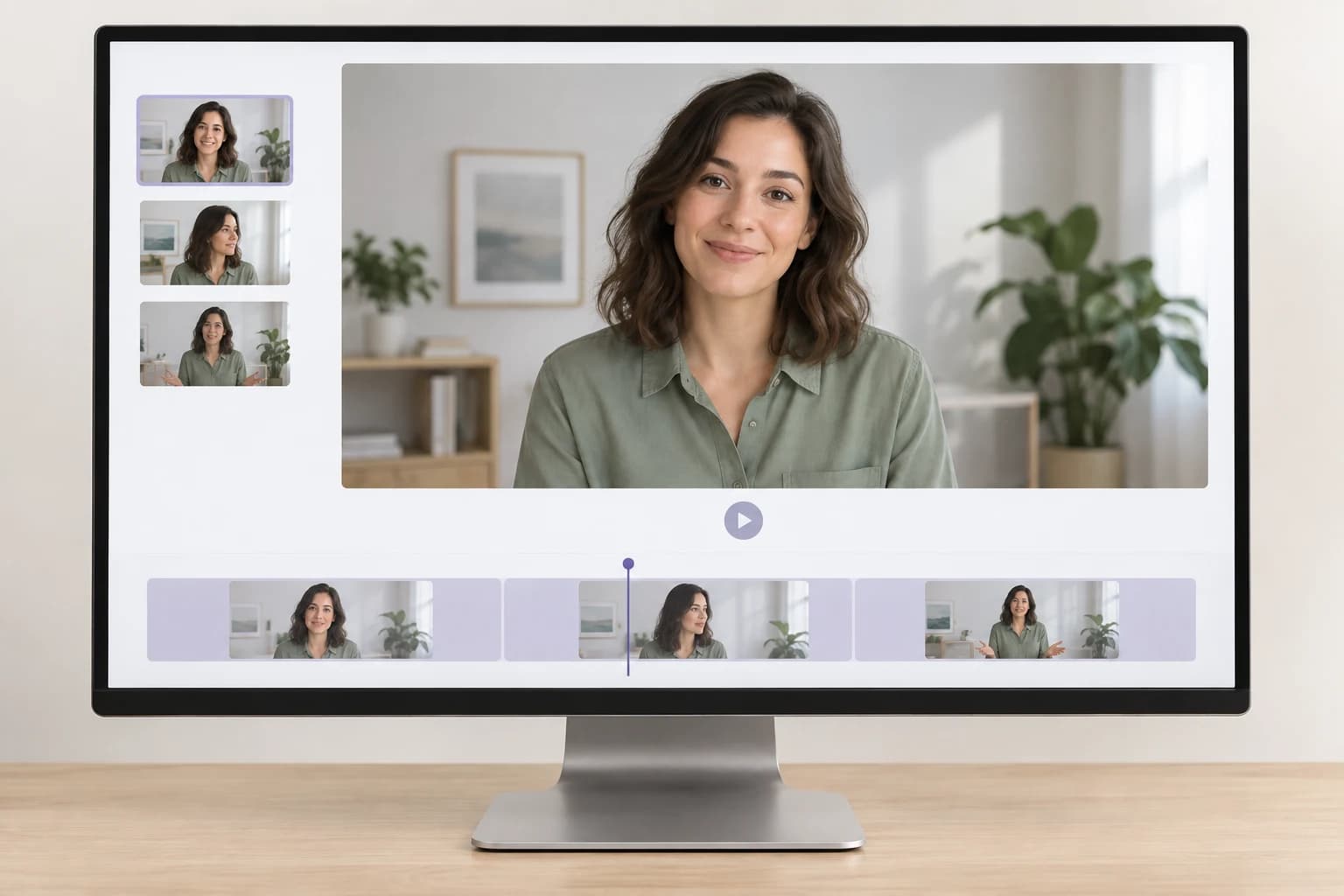 A simple video editor on a monitor with a presenter in the video and a short scene timeline