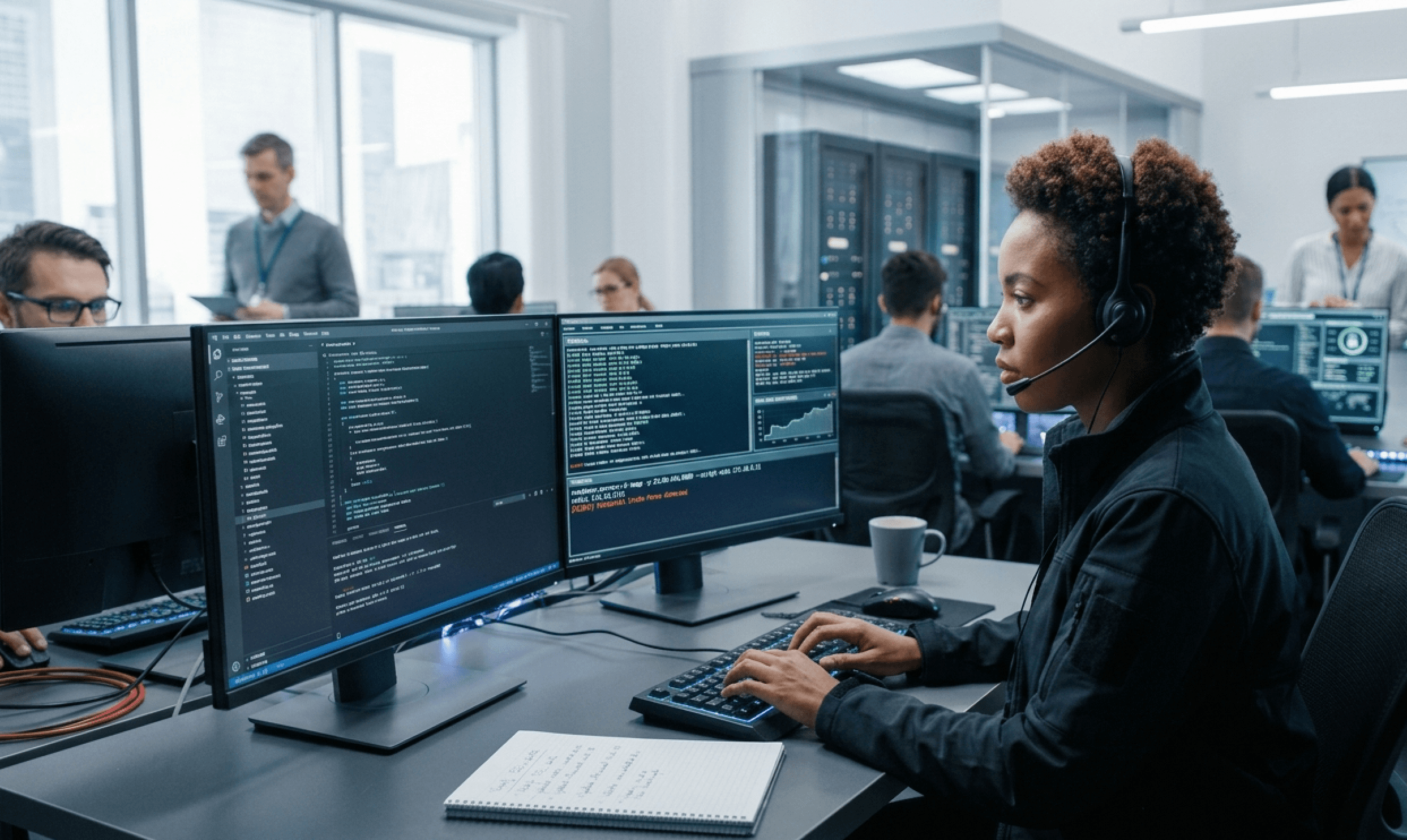 Cybersecurity team running phishing simulations and security awareness training in a modern workplace.