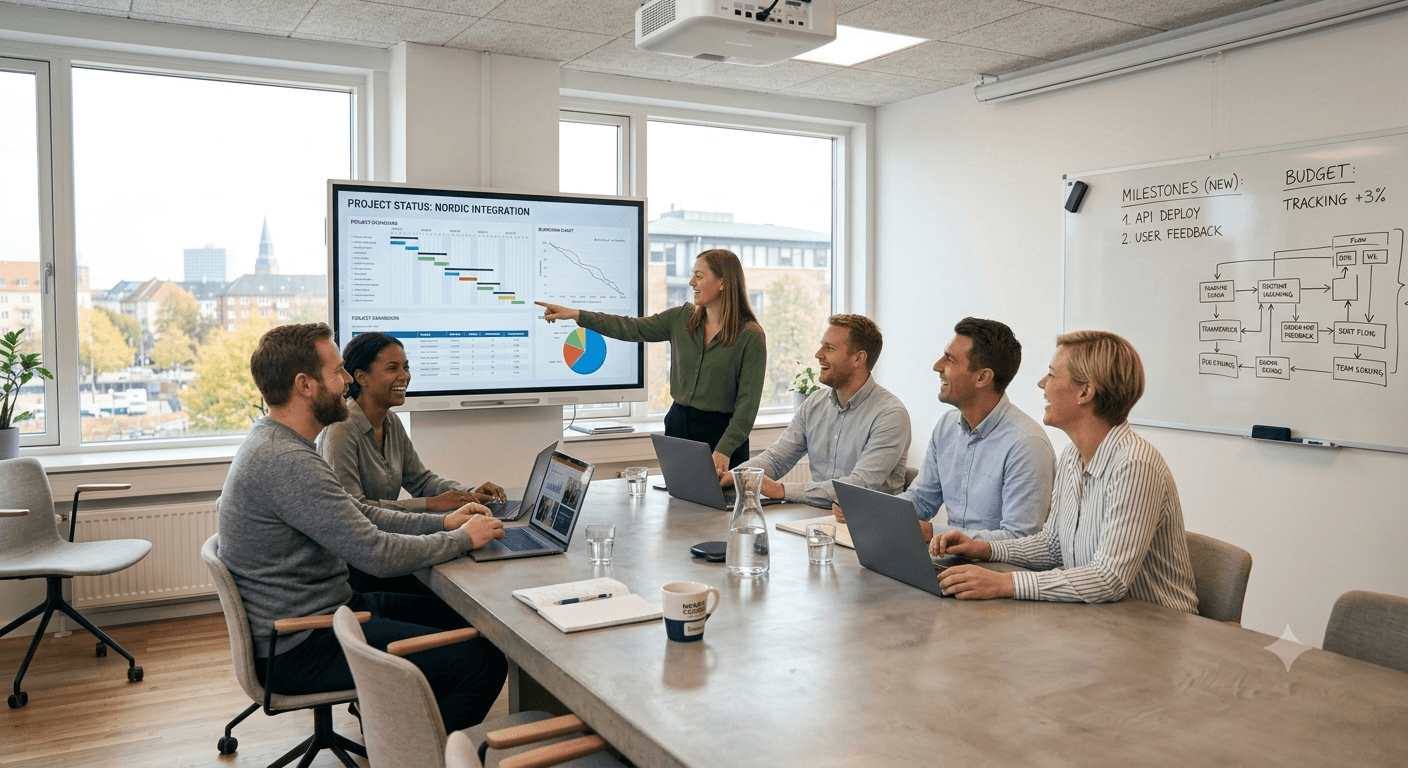 A team of five colleagues in a bright office meeting room watching a woman present a PowerPoint slide deck on a large screen — illustrating how slide-based presentations are commonly used for workplace training.