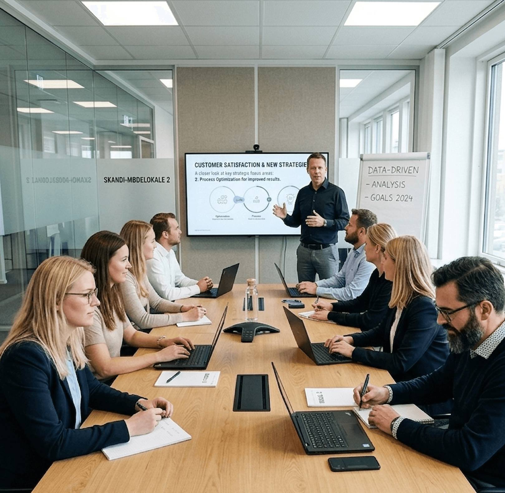 Employees using AI authoring tools to create online training courses on laptops