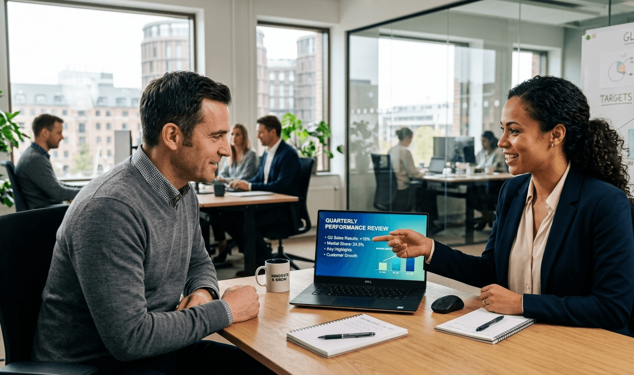 An HR professional showing a colleague a quarterly performance review document on a laptop — illustrating how company documents are commonly used to share knowledge in the workplace.