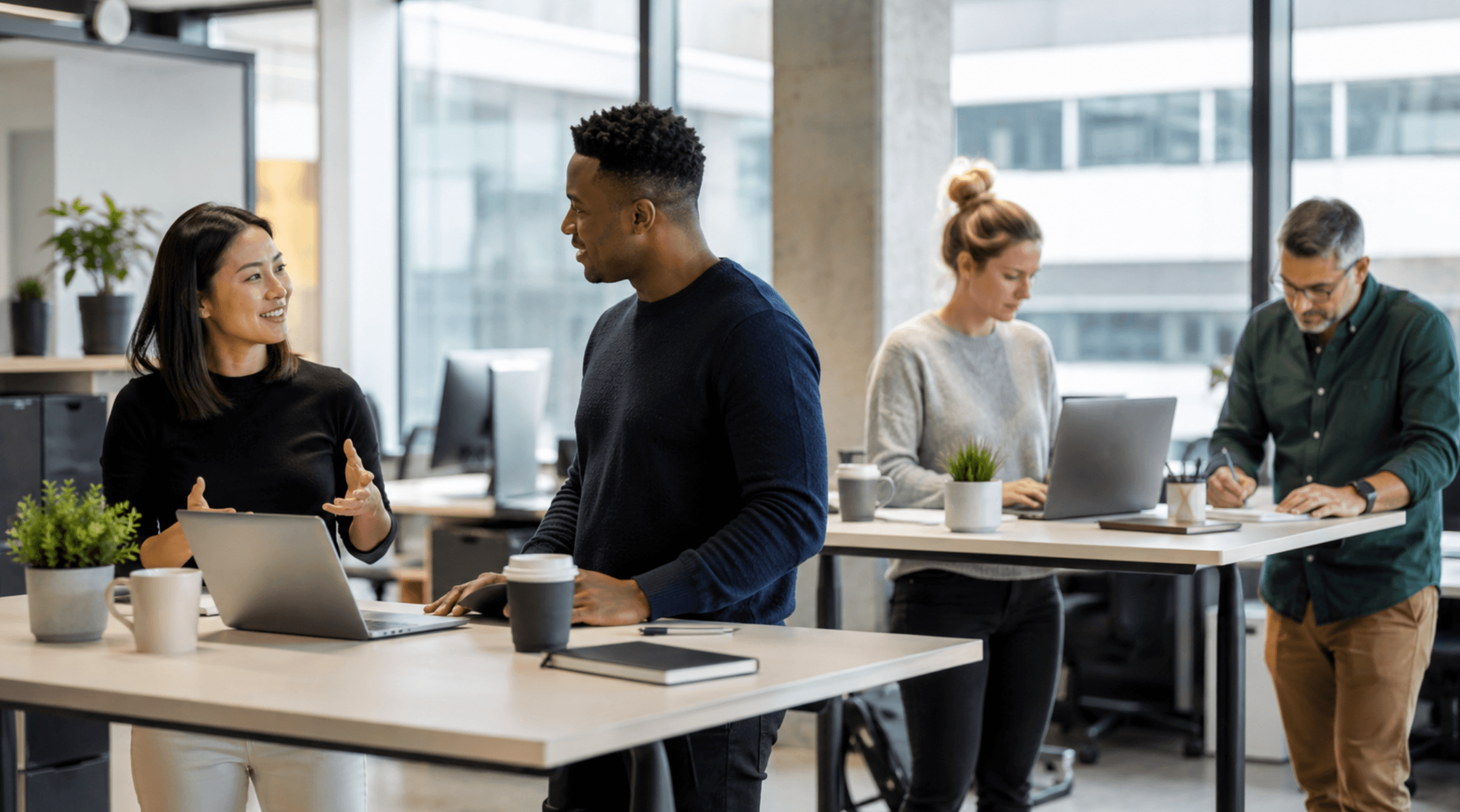 Employees collaborating at standing desks in a modern office while working on laptops and discussing ideas
